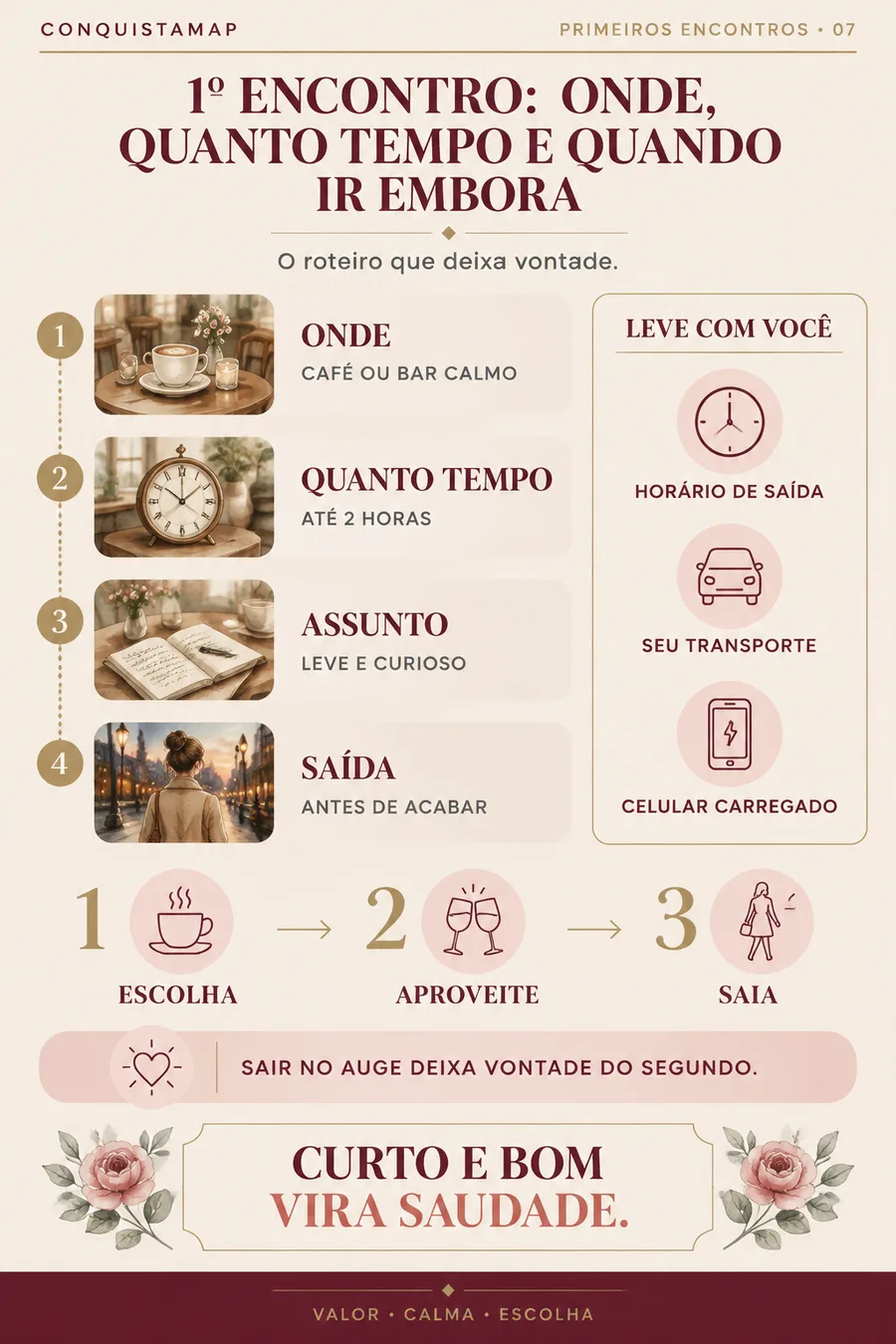 Ficha CONQUISTAMAP 07 — 1º encontro: onde, quanto tempo e quando ir embora